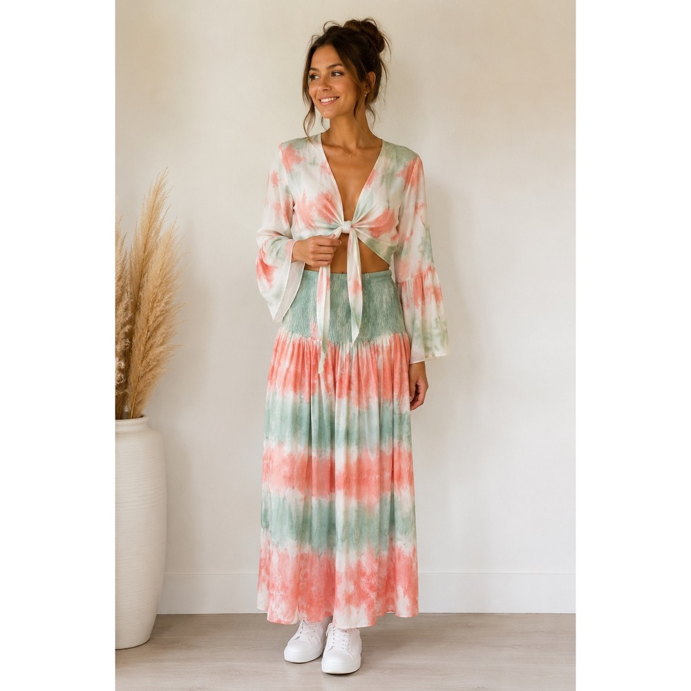NWT White Waves Tie Dye Two Piece Set Crop Top / Wide Leg Pants Coral Green L/XL